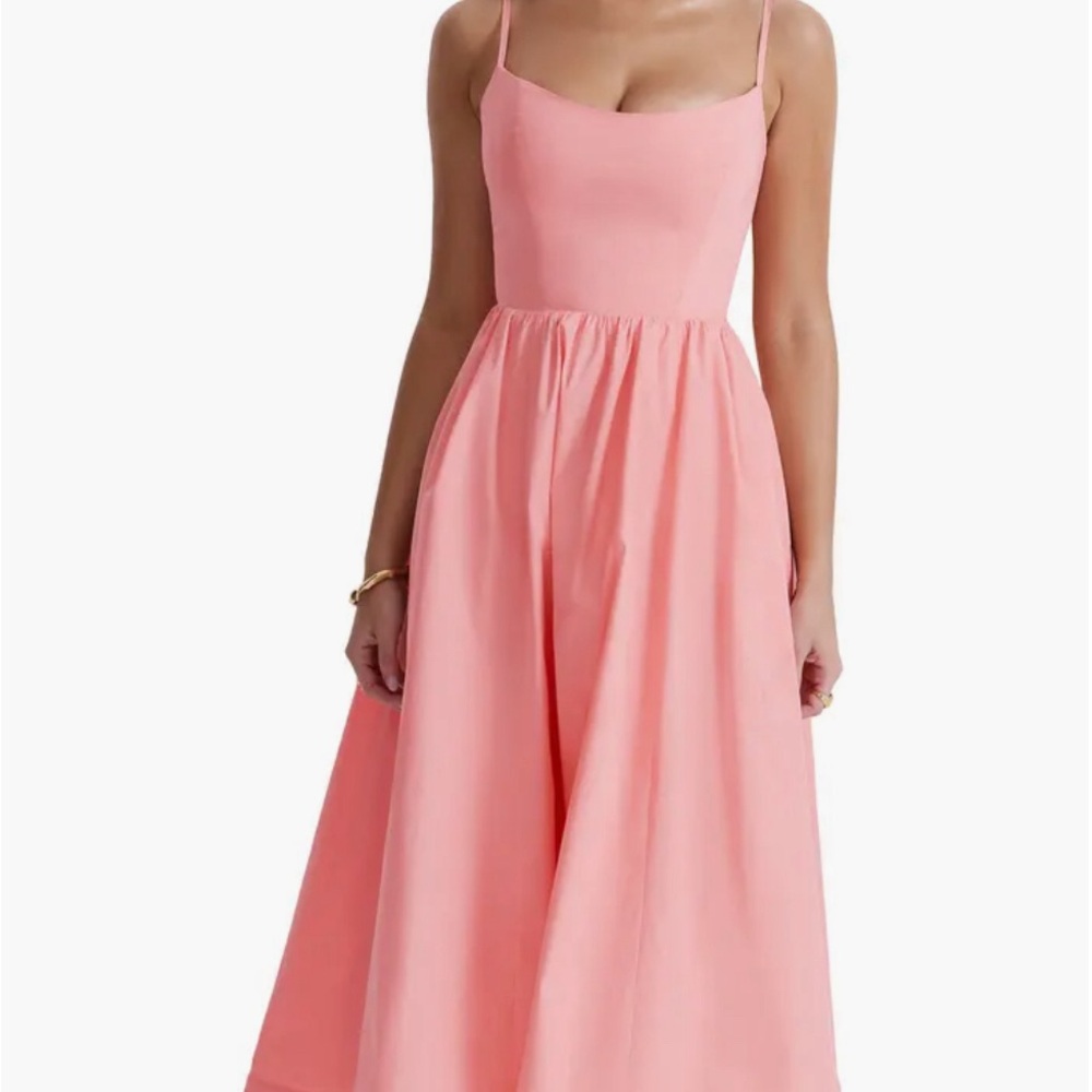 House of CB Coral Pink Midi Dress with Square Neck
